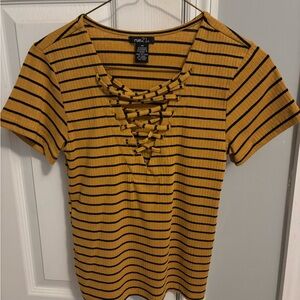 Rue21 Yellow and Black Striped Lace-Up Top